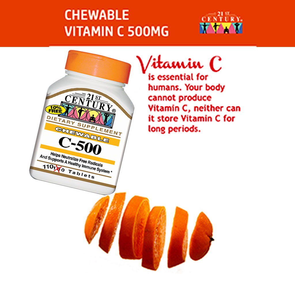 21st Century C-500 Chewable Vitamin C Tablets For Antioxidant & Immunity Support, Pack of 110's