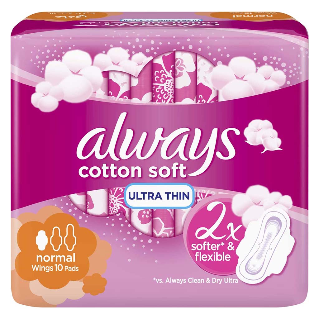 Always Cotton Soft Ultra Thin Normal Sanitary Pads With Wings, Pack of 10's