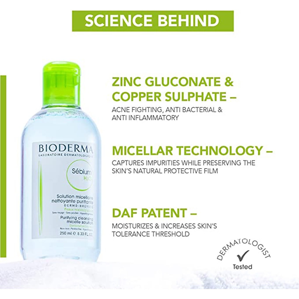 Bioderma Sebium H₂O Cleansing Micelle Make-Up Remover Solution For Combination To Oily Skin 250 mL