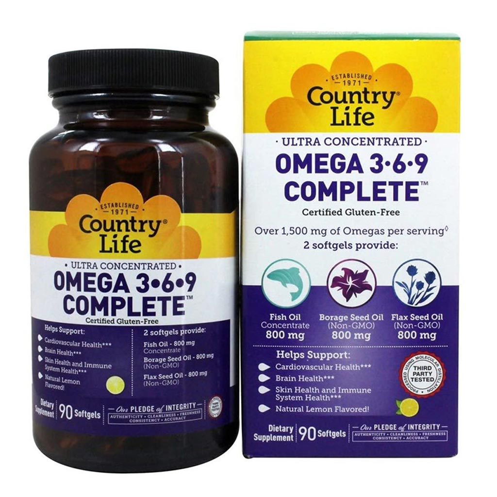 Country Life Complete Omega 3 6 9 Flaxseed Oil, Borage Seed Oil, Fish Oil Supplement Softgels, Pack of 90's