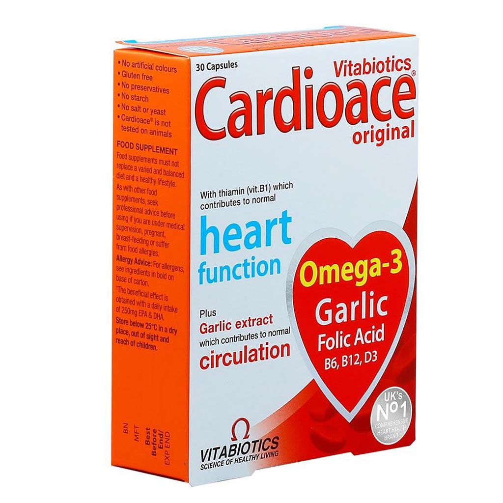 Vitabiotics Cardioace Original Capsules With Omega-3, Folic Acid, Thiamin, & Garlic For Healthy Heart Function, Pack of 30's