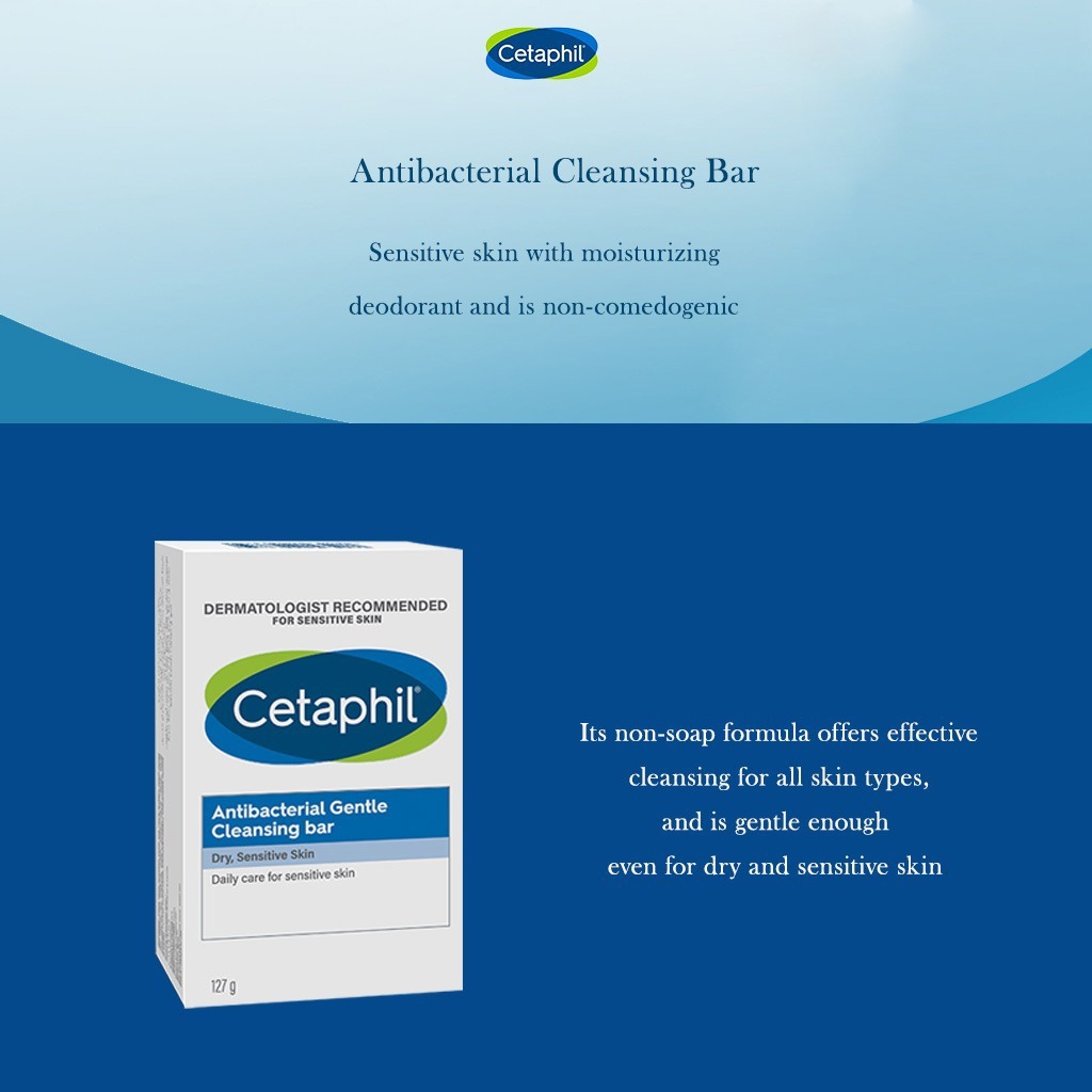 Cetaphil Antibacterial Daily Face & Body Gentle Cleansing Bar For Men & Women With Dry and Sensitive Skin, Unscented, 127g