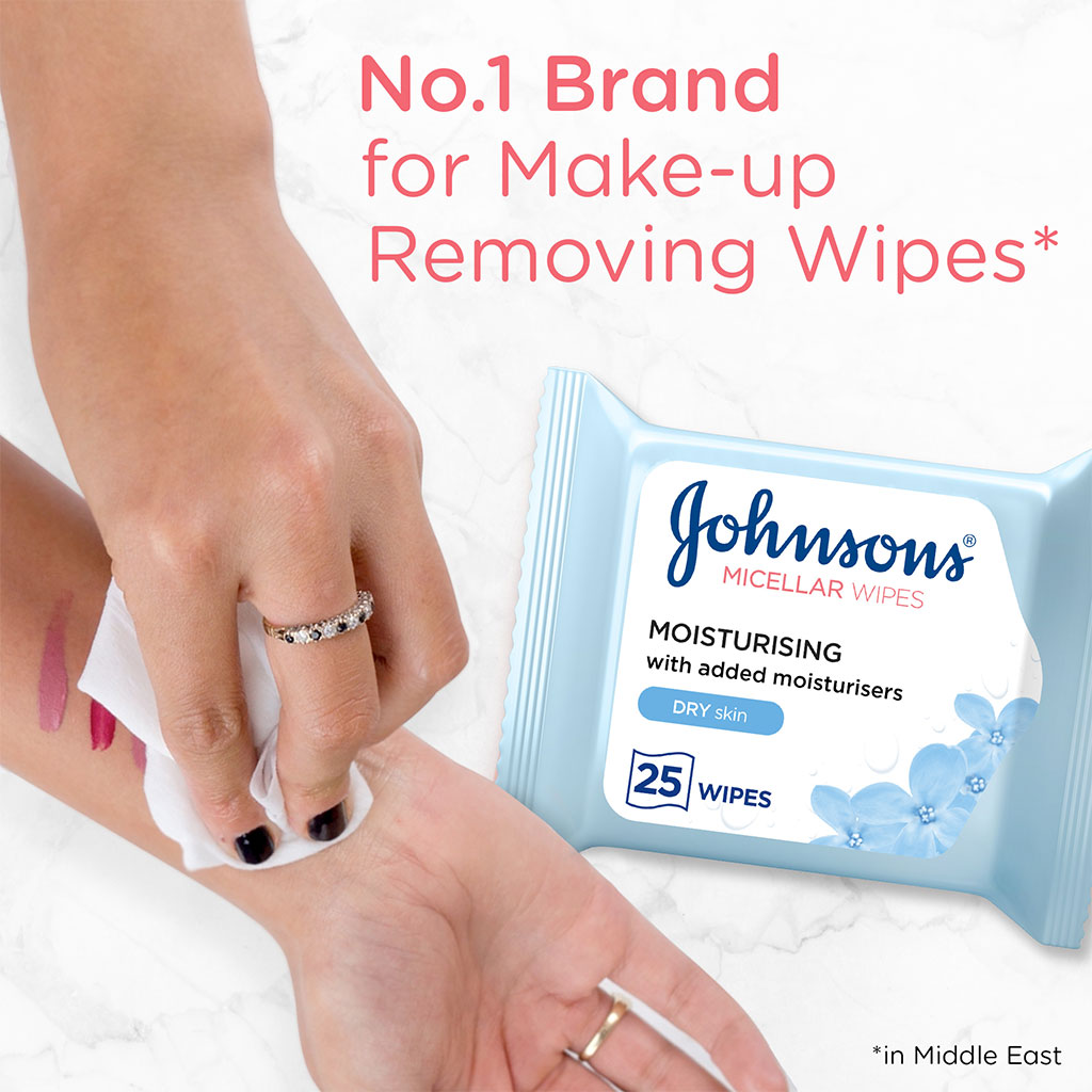 Johnson's Moisturising & Cleansing Makeup Remover Facial Micellar Wipes For Dry Skin, Pack of 25's