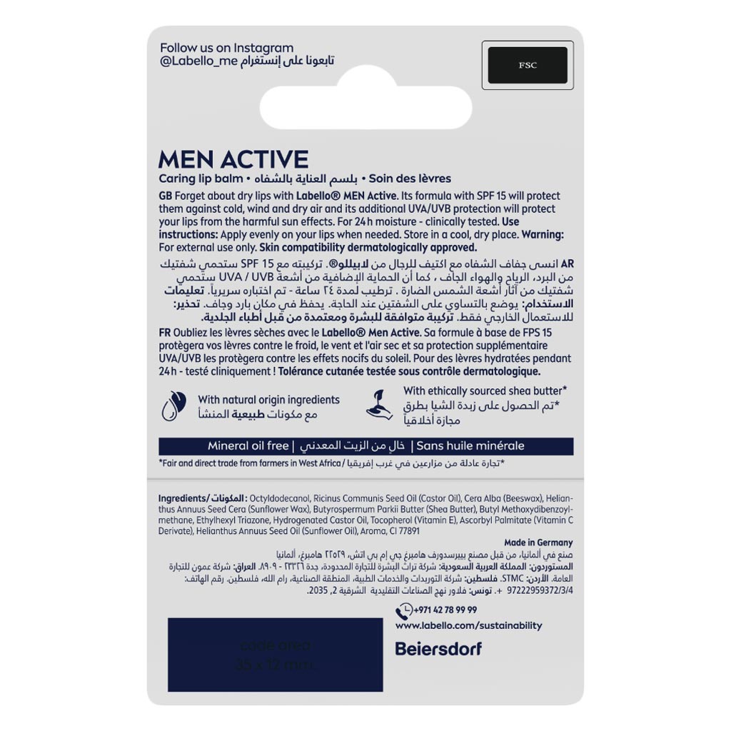 Labello 24H Moisture SPF15 Men Active Lip Balm 4.8g