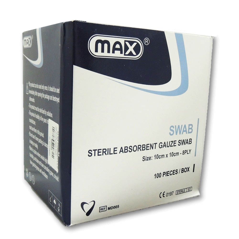 Max Sterile Absorbent Gauze Swab 10 cm x 10 cm 8 Ply 100's