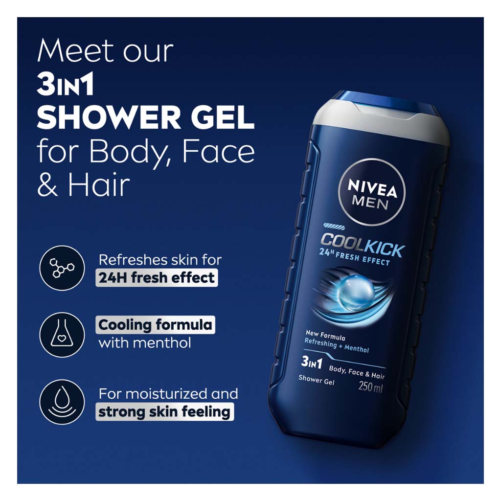 Nivea Men Cool Kick 24H Fresh Effect 3 in 1 Face, Body & Hair Shower Gel 250ml