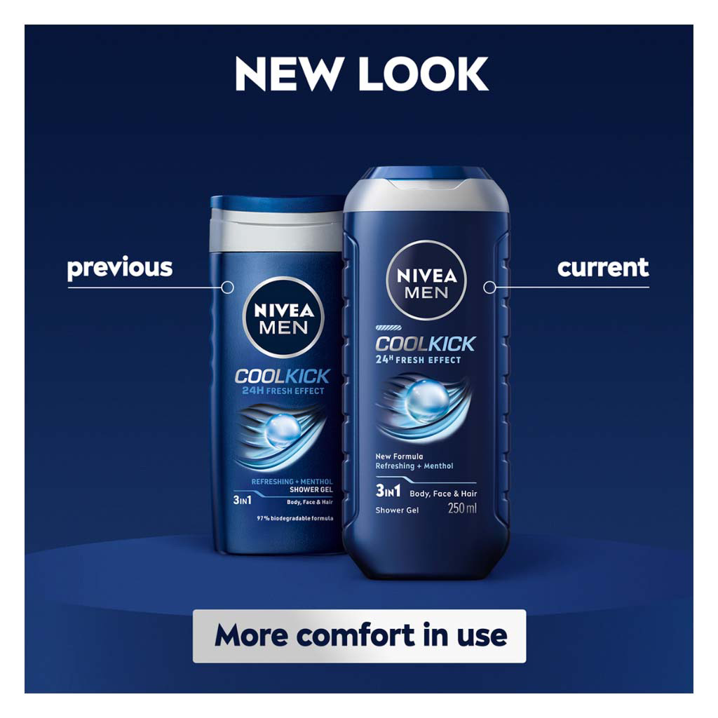 Nivea Men Cool Kick 24H Fresh Effect 3 in 1 Face, Body & Hair Shower Gel 250ml