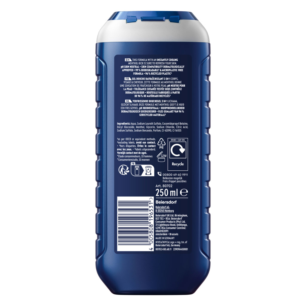 Nivea Men Cool Kick 24H Fresh Effect 3 in 1 Face, Body & Hair Shower Gel 250ml