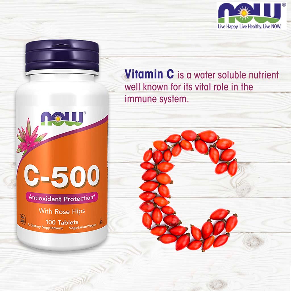 Now C-500 Vitamin C With Rose Hips Tablets For Antioxidant Support, Pack of 100's