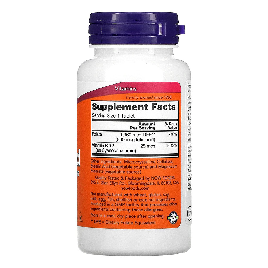 Now Folic Acid 800 mcg with Vitamin B12 Tablets For Healthy Heart, Pack of 250's