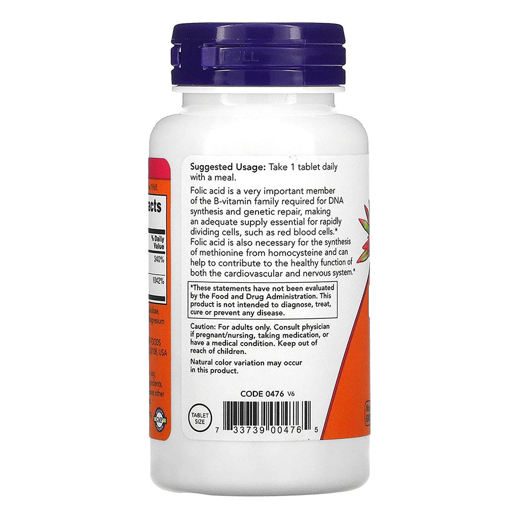 Now Folic Acid 800 mcg with Vitamin B12 Tablets For Healthy Heart, Pack of 250's