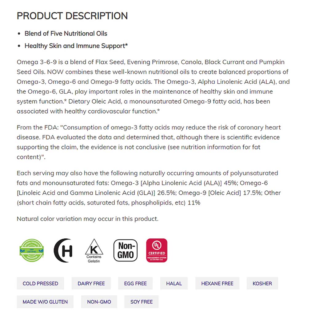 Now Omega 3 6 9 Flax Seed, Evening Primrose, Canola, Black Currant & Pumpkin Seed Oils 1000mg Softgels, Pack of 100's