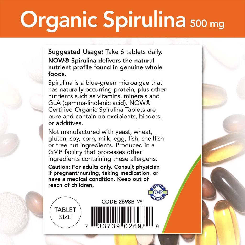 Now Organic Spirulina 500mg Antioxidant Tablets For Overall Health & Wellness, Pack of 200's