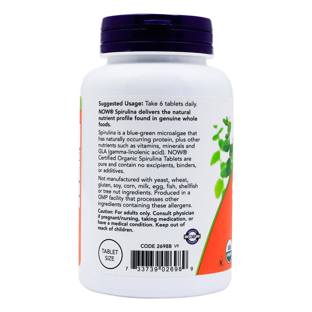 Now Organic Spirulina 500mg Antioxidant Tablets For Overall Health & Wellness, Pack of 200's