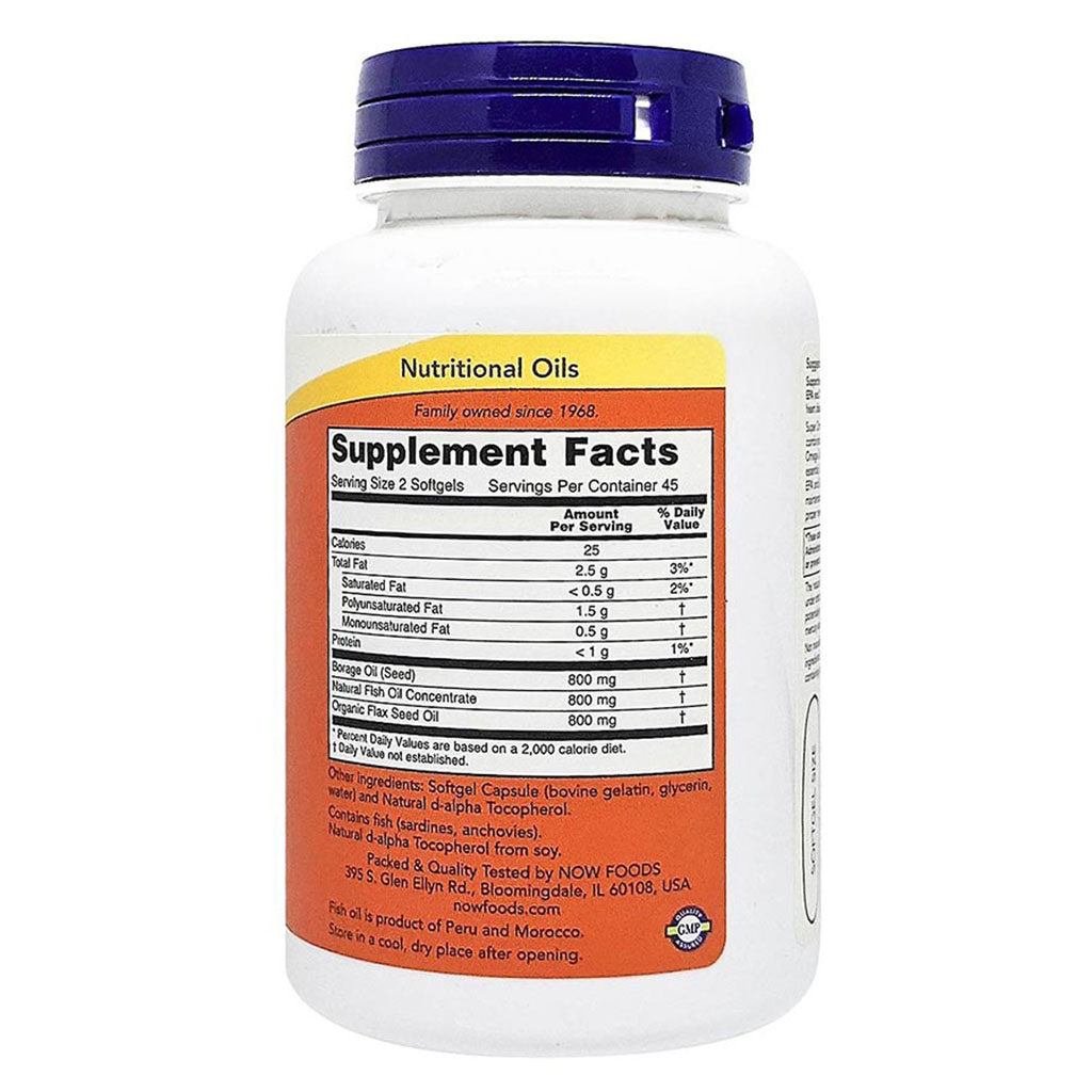 Now Super Omega 3 6 9 Flaxseed Oil, Borage Seed Oil, Fish Oil Supplement Softgels, Pack of 90's