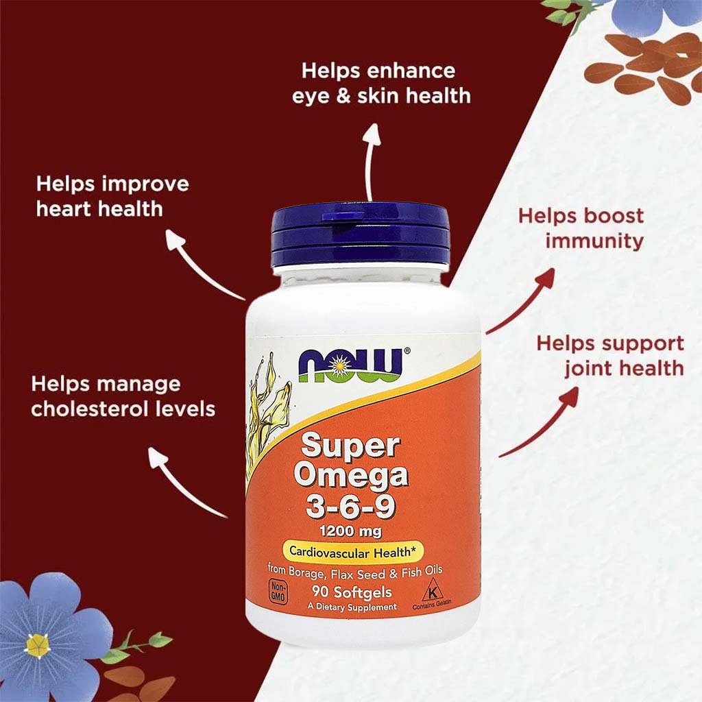Now Super Omega 3 6 9 Flaxseed Oil, Borage Seed Oil, Fish Oil Supplement Softgels, Pack of 90's