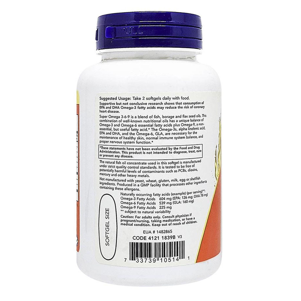 Now Super Omega 3 6 9 Flaxseed Oil, Borage Seed Oil, Fish Oil Supplement Softgels, Pack of 90's