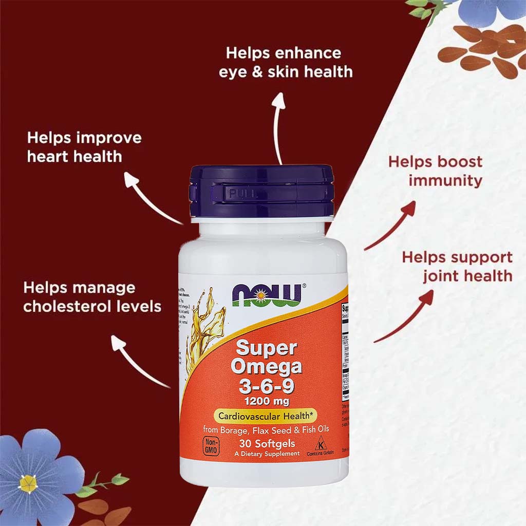 Now Super Omega 3 6 9 Flaxseed Oil, Borage Seed Oil, Fish Oil Supplement Softgels, Pack of 30's