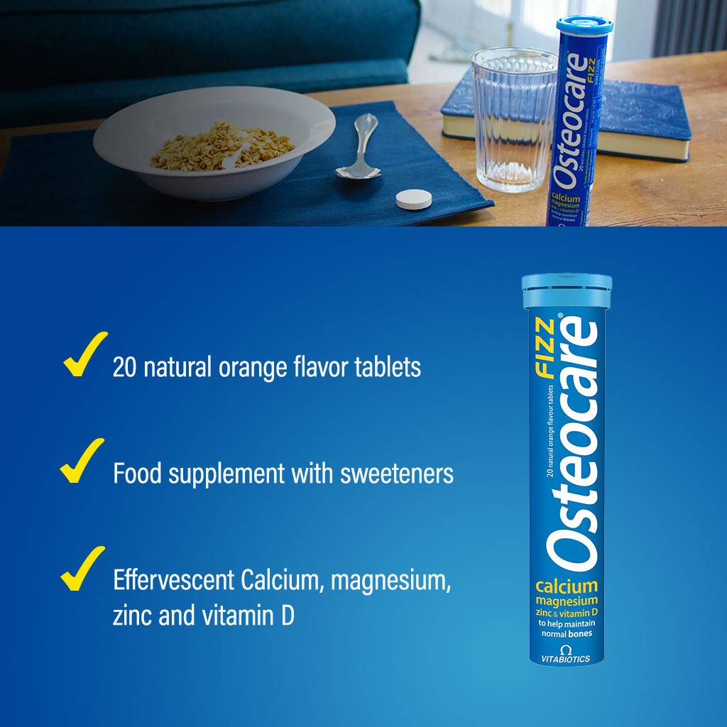 Vitabiotics Osteocare Fizz Effervescent Calcium Tablets, Orange Flavoured, For Healthy Bones, Pack of 20's