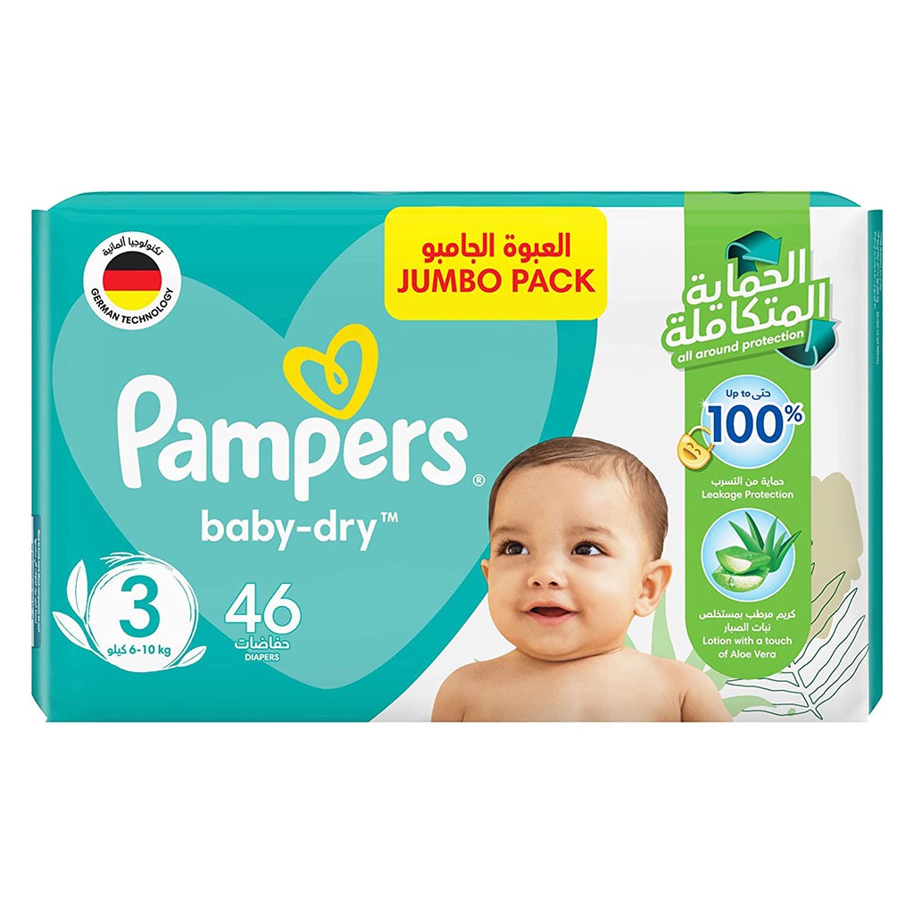Pampers Baby-Dry Baby Diapers With Aloe Vera, Size 3, 6-10Kg, Jumbo Pack of 46's
