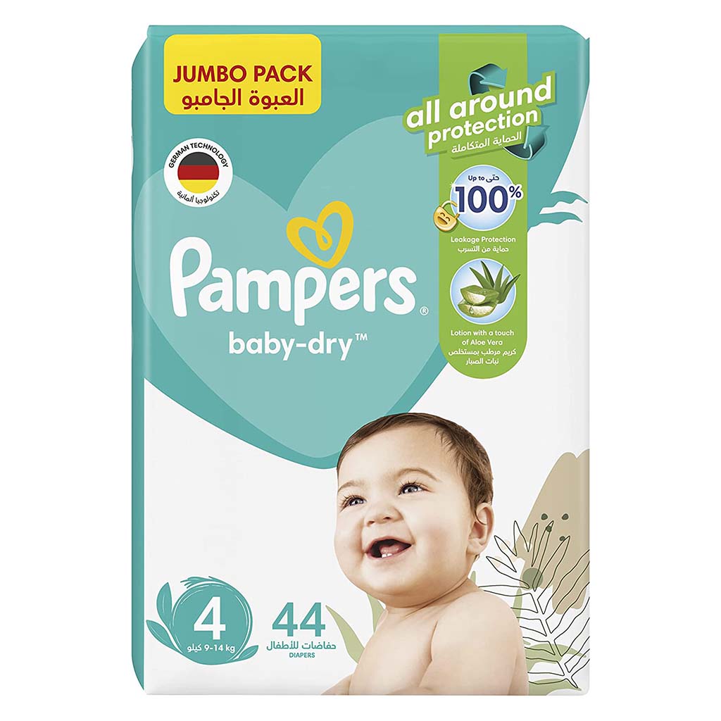 Pampers Baby-Dry Baby Diapers With Aloe Vera, Size 4, 9-14Kg, Jumbo Pack of 44's