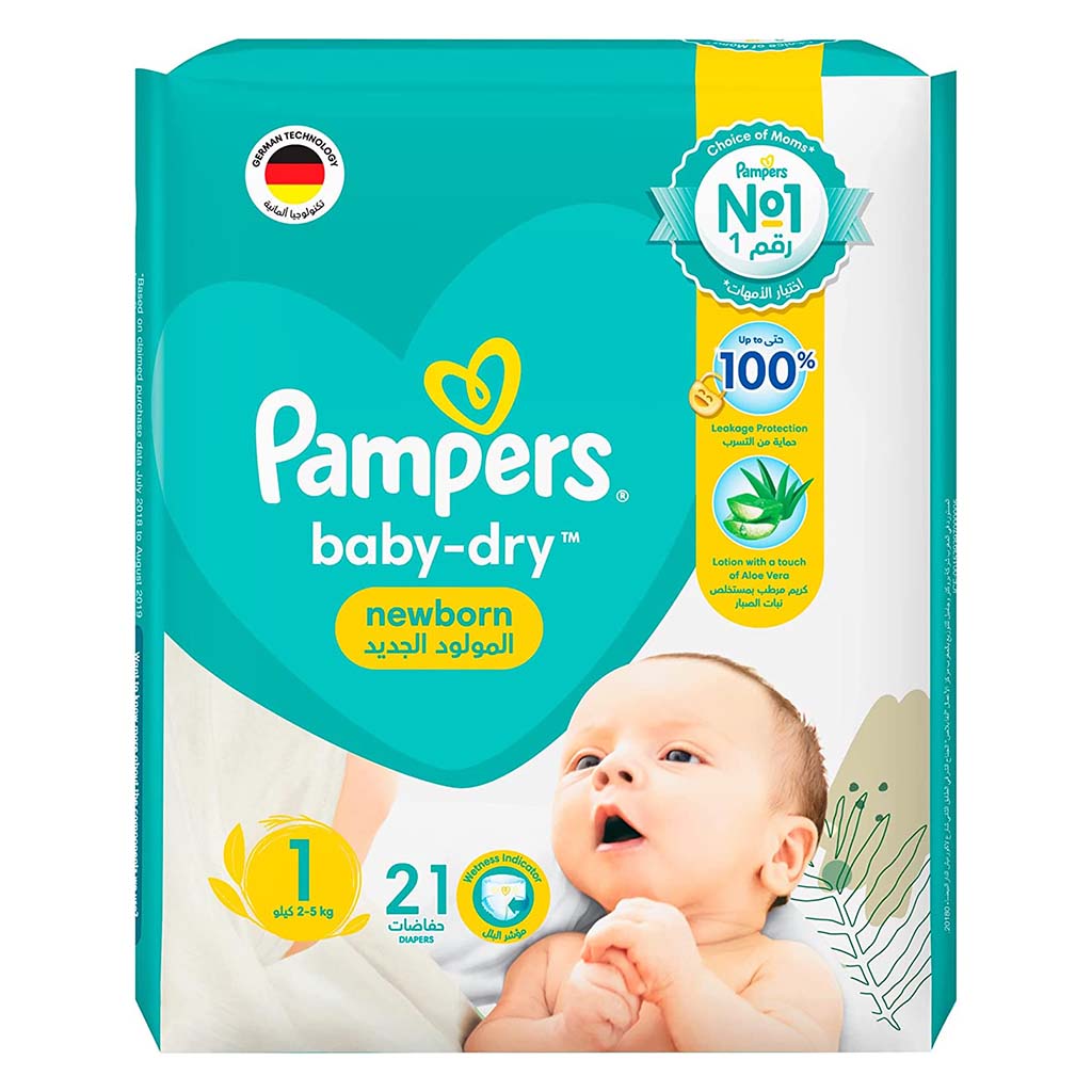 Pampers Baby-Dry Newborn Diapers With Aloe Vera, Size 1, 2-5Kg, Pack of 21's