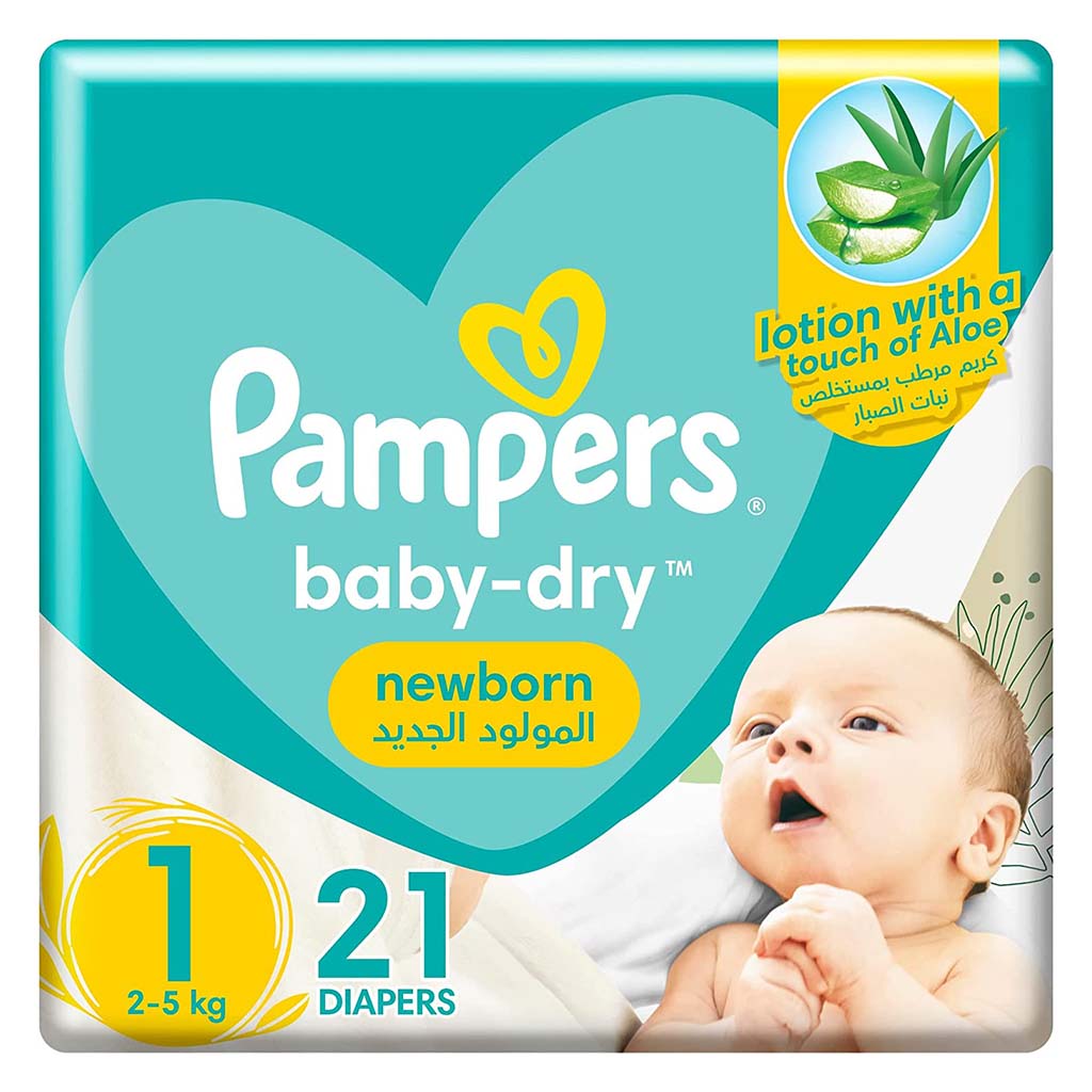 Pampers Baby-Dry Newborn Diapers With Aloe Vera, Size 1, 2-5Kg, Pack of 21's