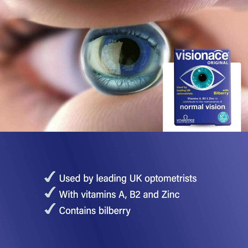 Vitabiotics Visionace Original Eye Supplement Tablets With Bilberry For Normal Vision, Pack of 30's