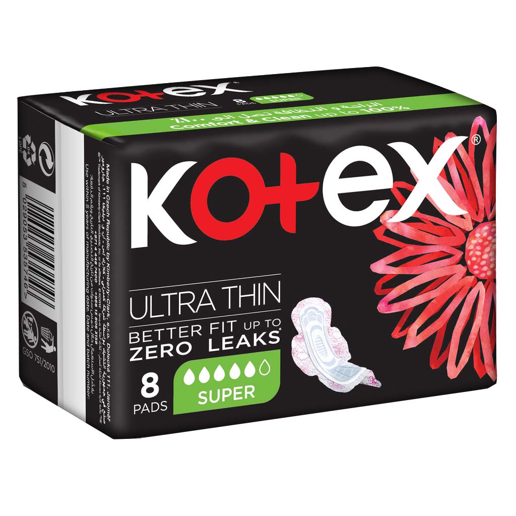 Kotex Ultra Thin Sanitary Pads With Wings, Super Size, Pack of 8's