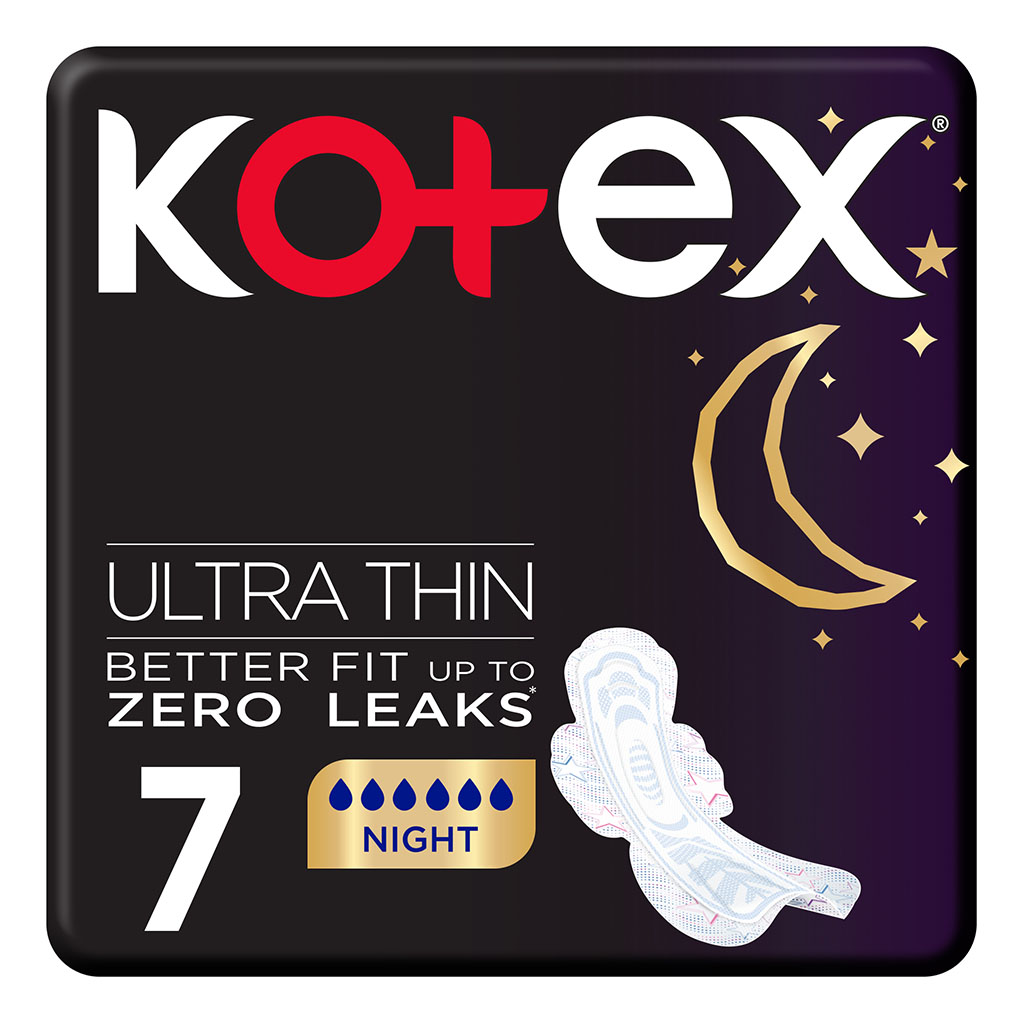 Kotex Ultrathin Night Sanitary Pads With Wings For Overnight Protection, Pack of 7's