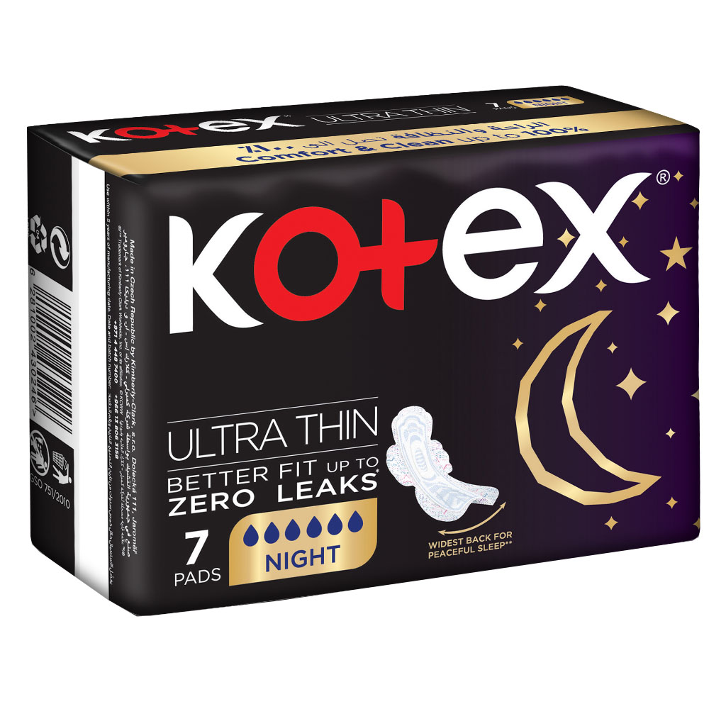 Kotex Ultrathin Night Sanitary Pads With Wings For Overnight Protection, Pack of 7's