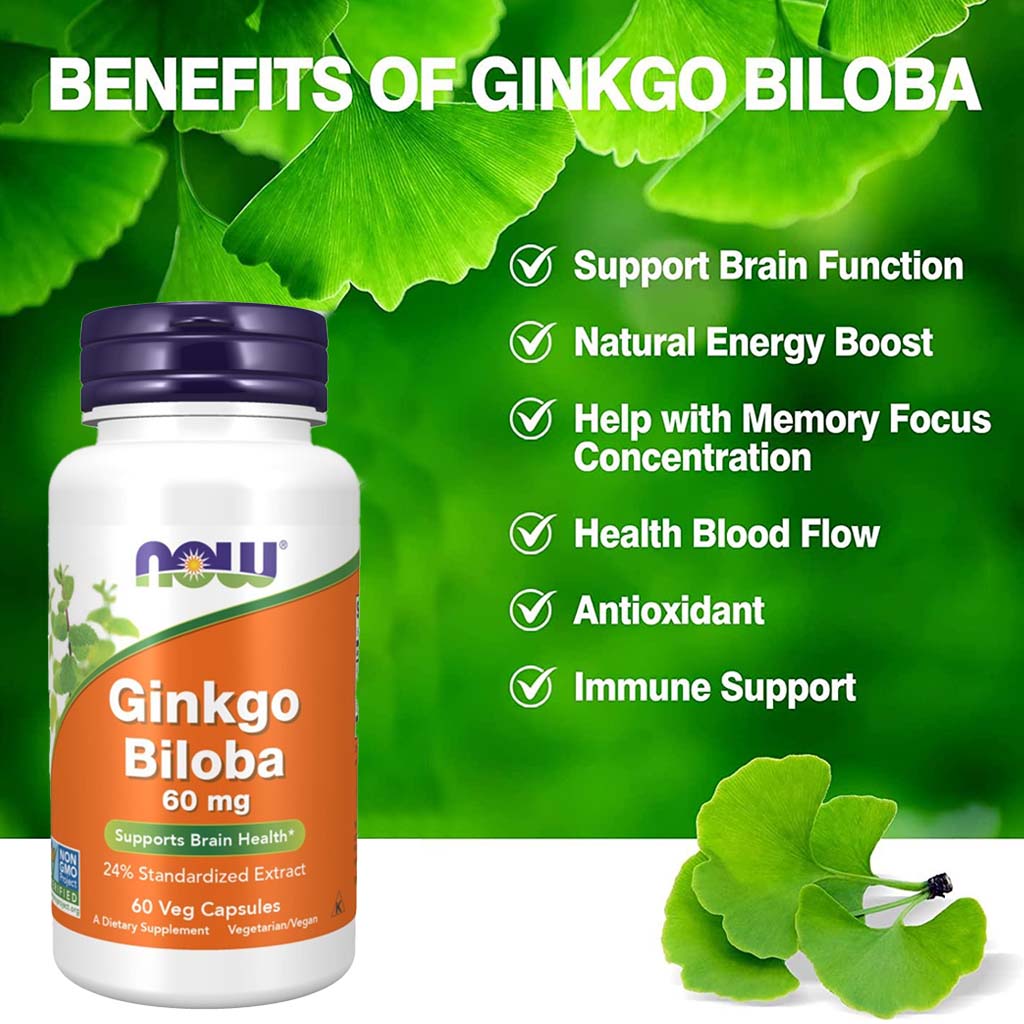 Now Ginkgo Biloba 60mg Vegetarian Capsules For Brain Health, Pack of 60's
