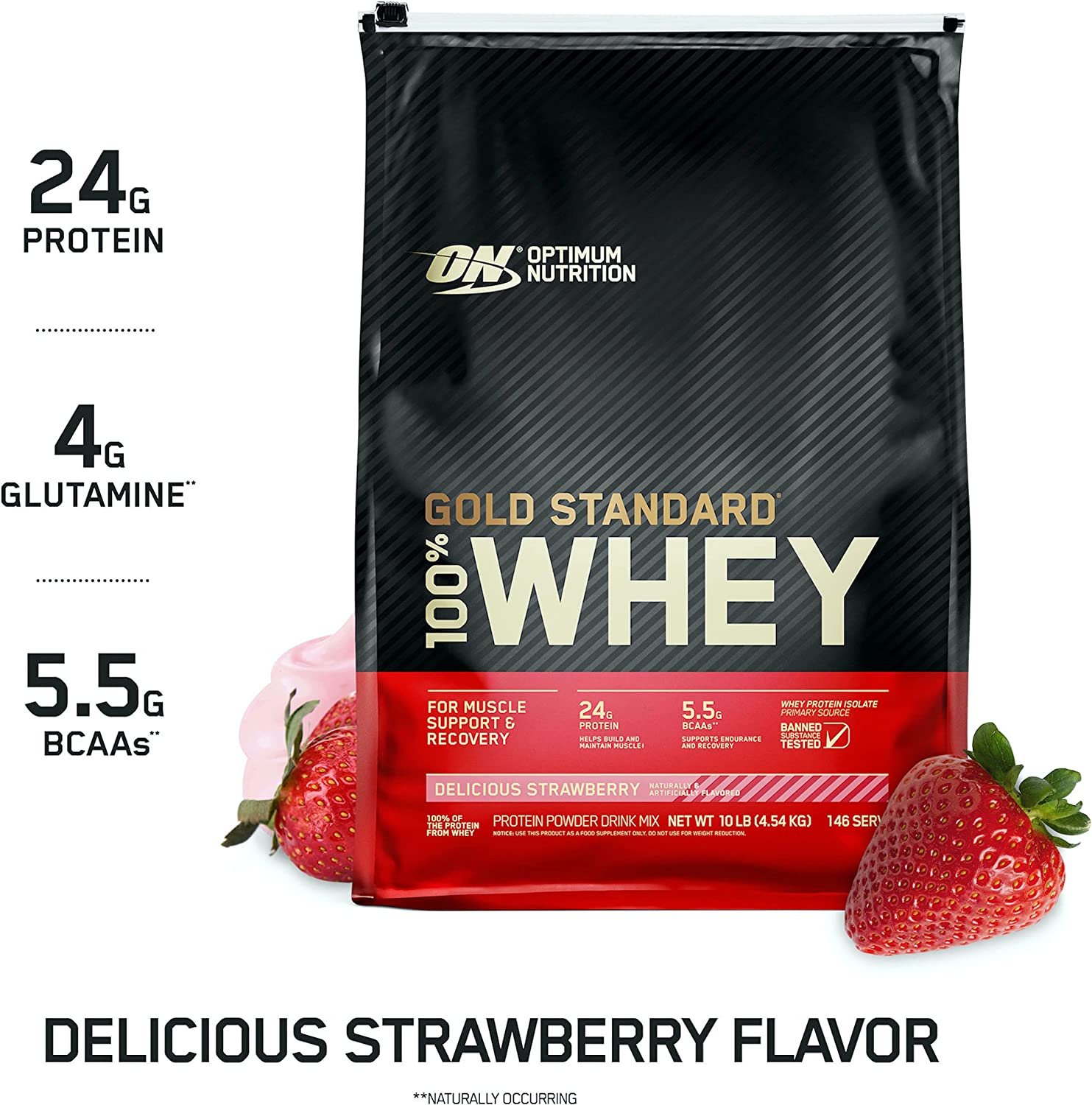 Optimum Nutrition Gold Standard 100% Whey Protein Powder Drink Mix Delicious Strawberry 10lb