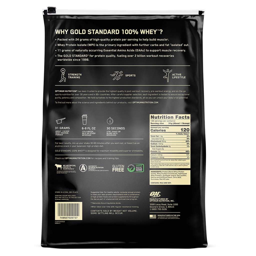 Optimum Nutrition Gold Standard 100% Whey Protein Powder Drink Mix Delicious Strawberry 10lb