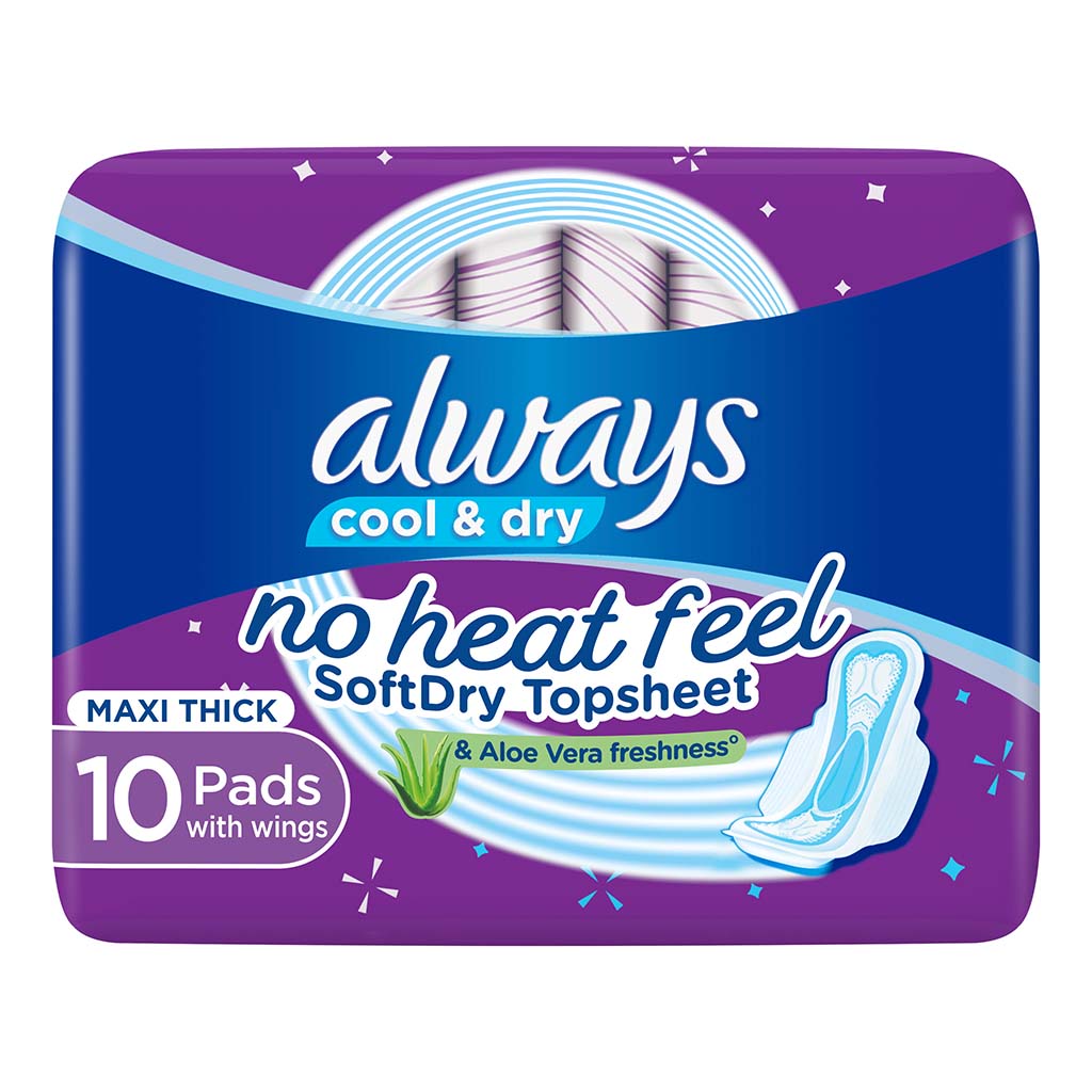 Always Cool & Dry, No Heat Feel, Maxi Thick, Large Sanitary Pads With Wings, Pack of 10's