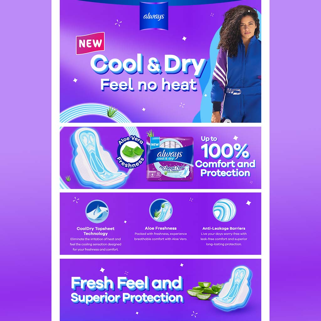 Always Cool & Dry, No Heat Feel, Maxi Thick, Large Sanitary Pads With Wings, Pack of 10's