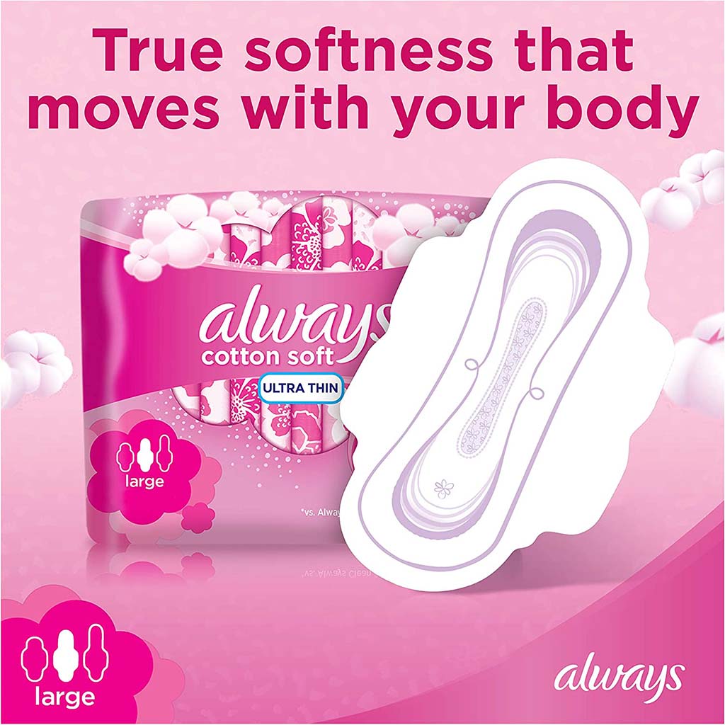 Always Cotton Soft Ultra Thin Large Sanitary Pads With Wings, Pack of 8's