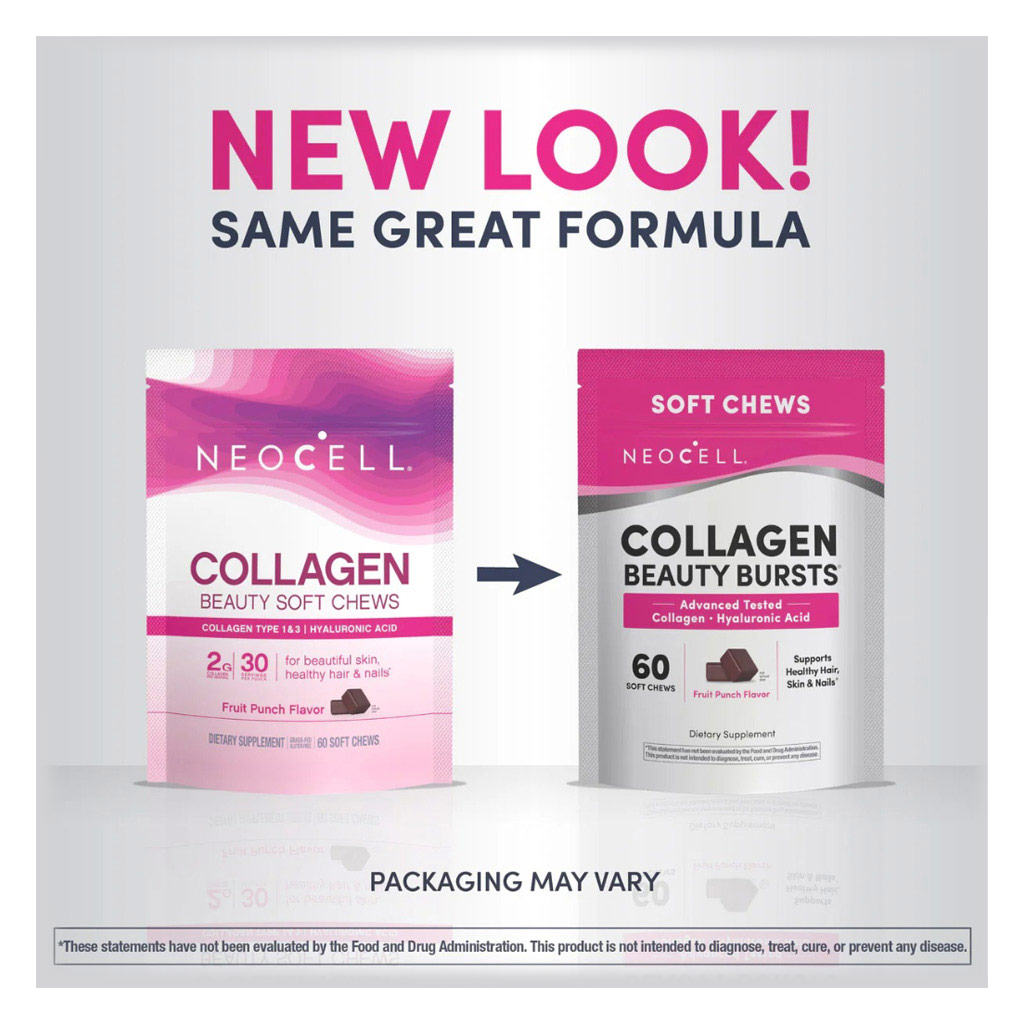 NeoCell Collagen Chews, Beauty Bursts For Skin, Hair And Nails, Fruit Punch Soft Chews, Pack of 60's