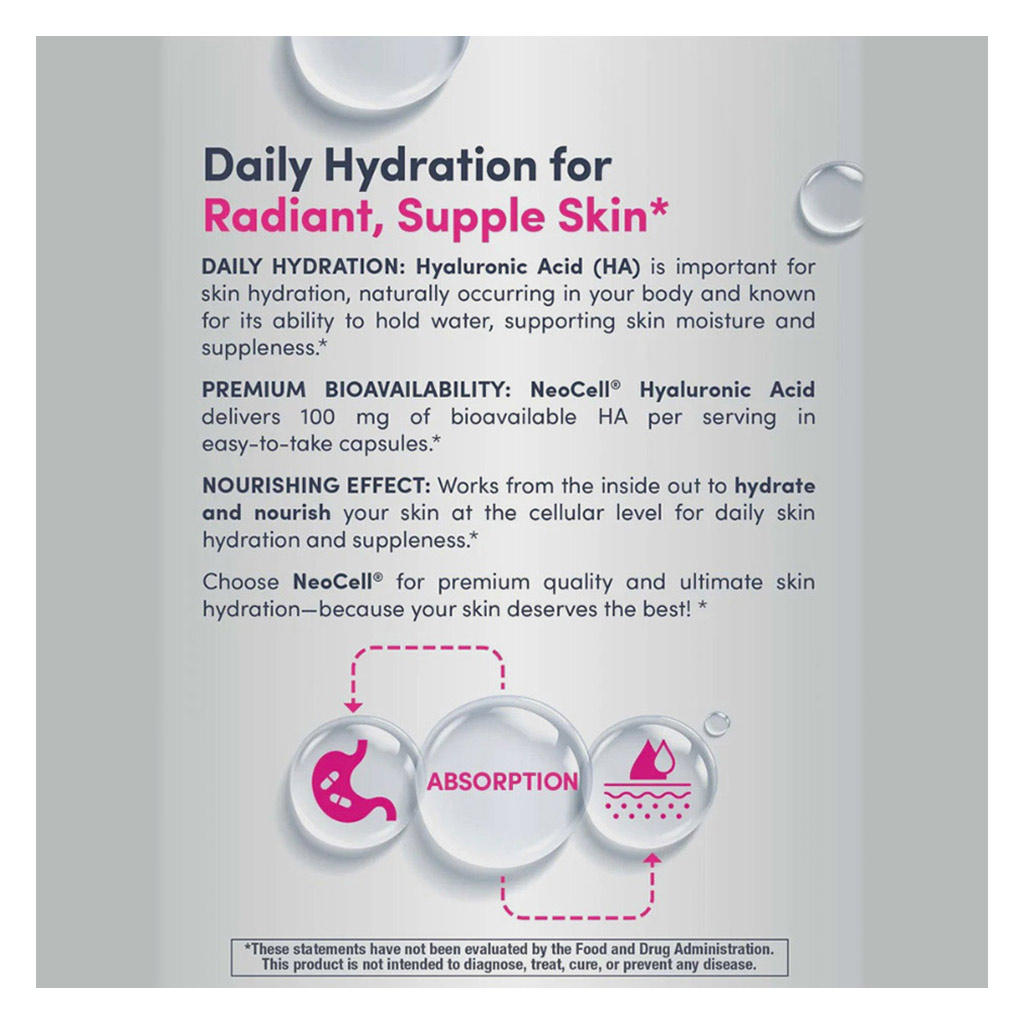 NeoCell Hyaluronic Acid Natural Moisturizer Capsules For Skin Hydration, Pack of 60's