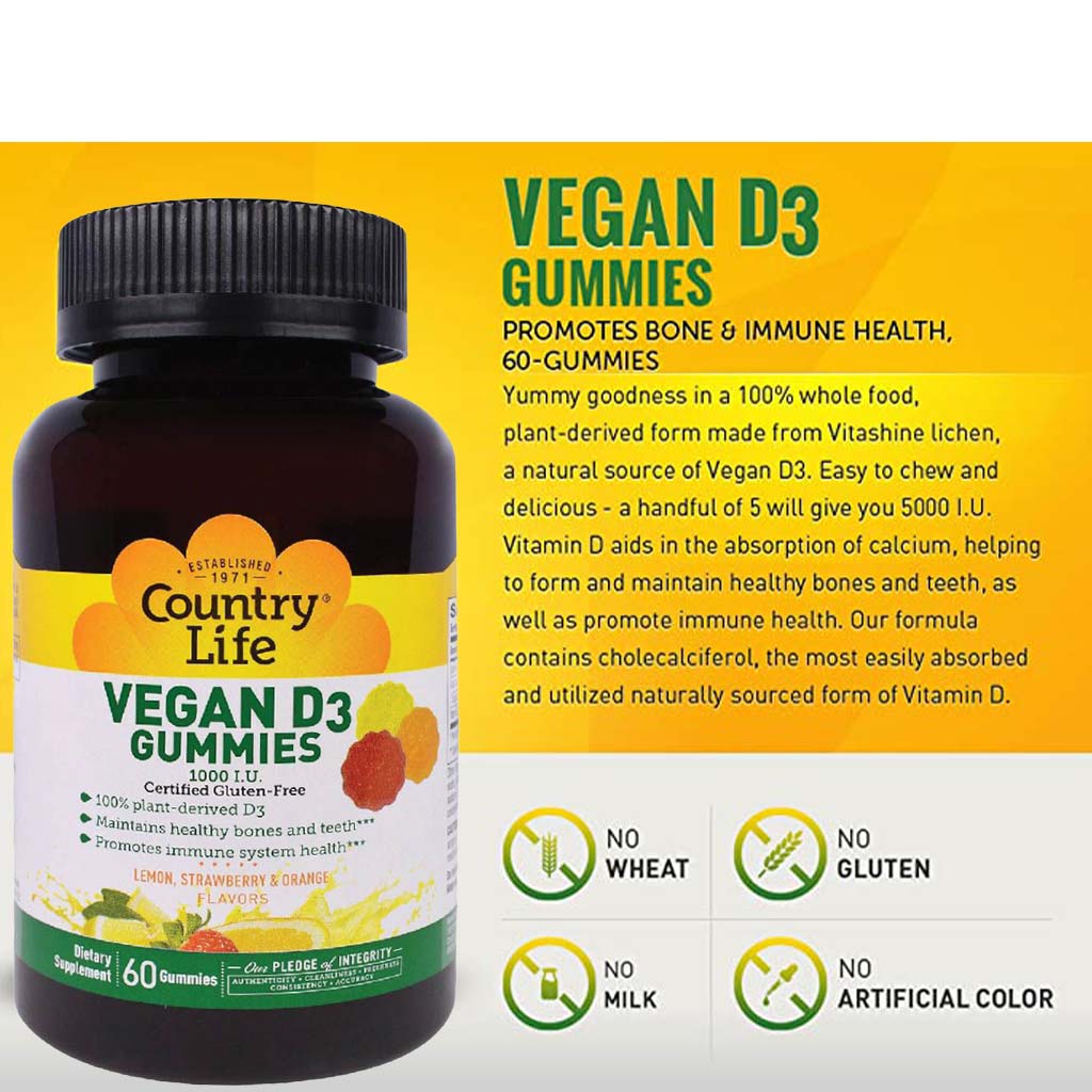 Country Life Vegan D3 1000IU Gummies For Bone, Teeth & Immune Health, Pack of 60's