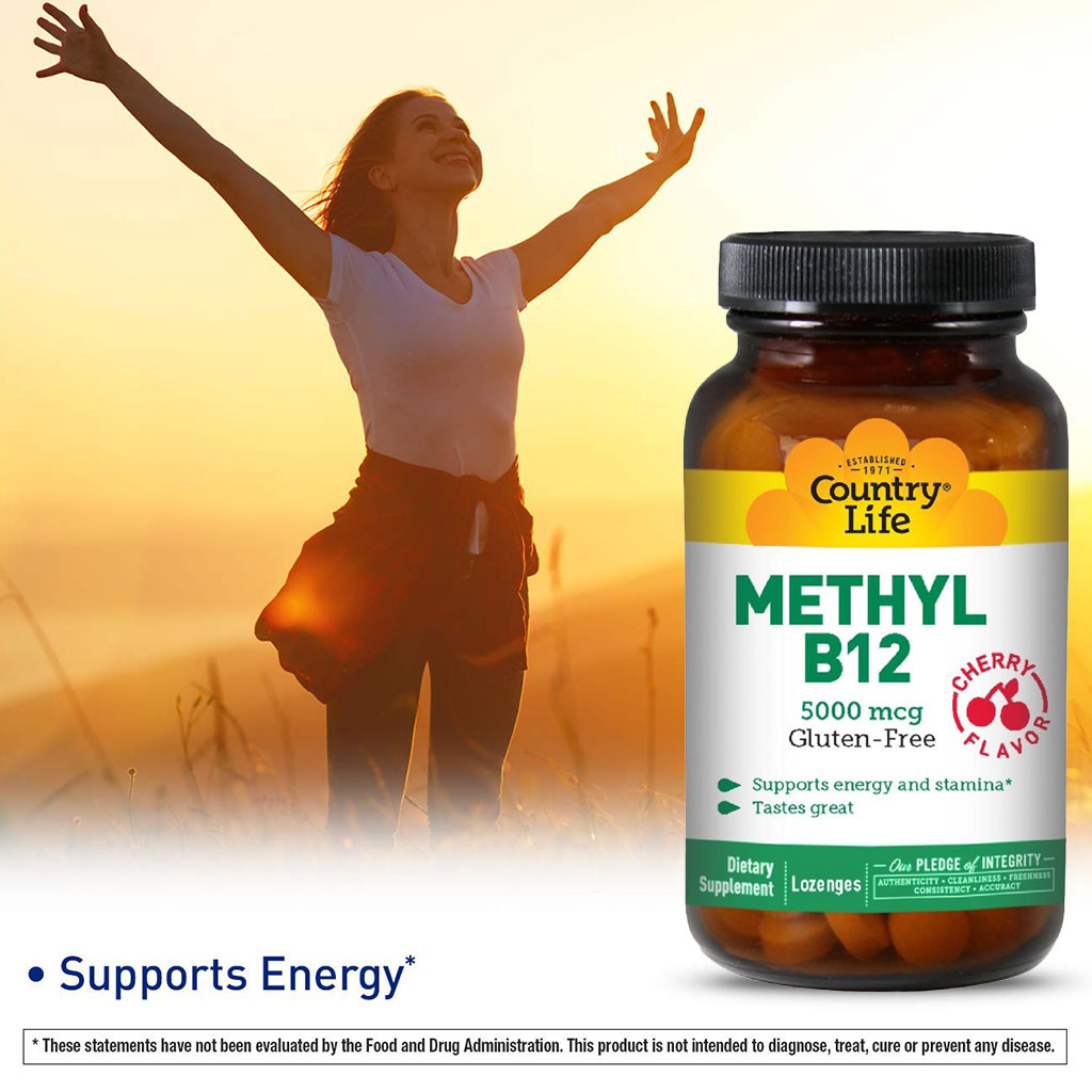 Country Life Methyl B12 5000 mcg Cherry Flavor Lozenges For Energy Support, Pack of 60's