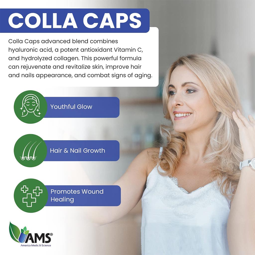 AMS Colla Caps Anti-Aging Caplets With High Strength Hydrolysed Collagen & Vitamin C, Pack of 60's