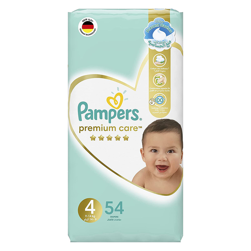 Pampers Premium Care Baby Diapers, Size 4, 9-14Kg, Pack of 54's