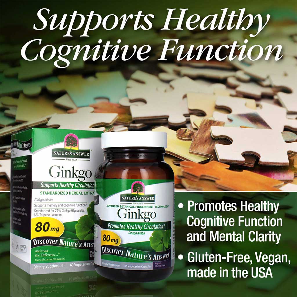 Nature's Answer Ginkgo Biloba 80mg Standardized Herbal Extract Vegan Capsules For Cognitive Support, Pack of 60's