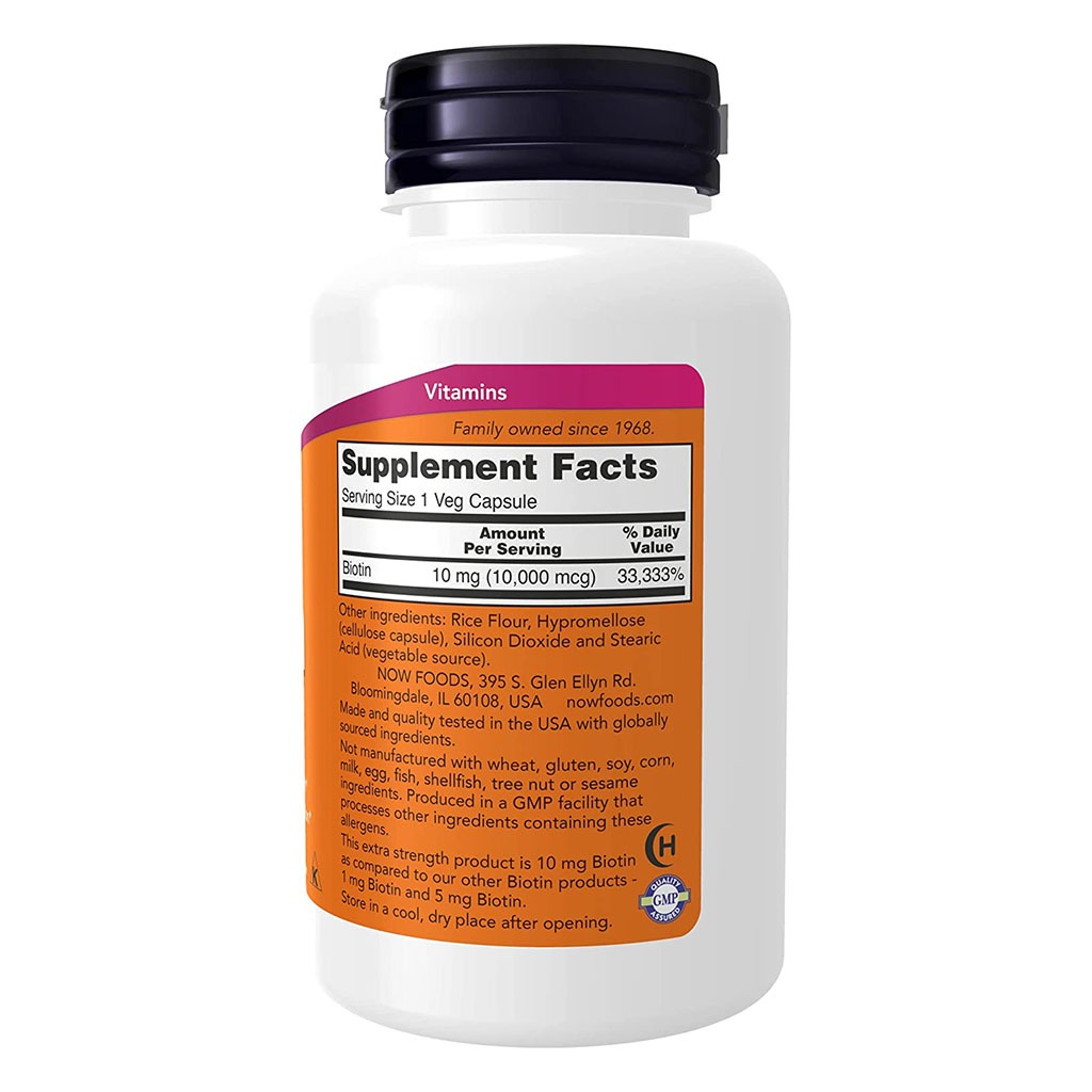 Now Extra Strength Biotin 10,000 mcg Vegetarian Capsules For Energy Production, Pack of 120's