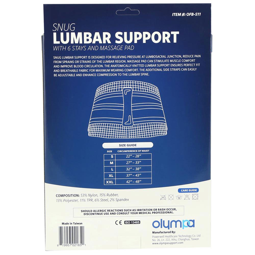 Olympa Snug Lumbar Support with 6 Stays and Massage Pad Cool Grey Medium