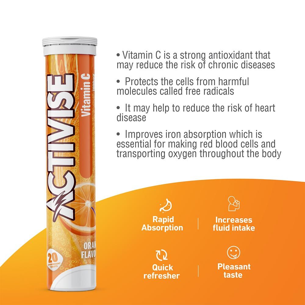 Activise Vitamin C 1000mg Effervescent Tablets, Orange Flavor, Pack of 20's