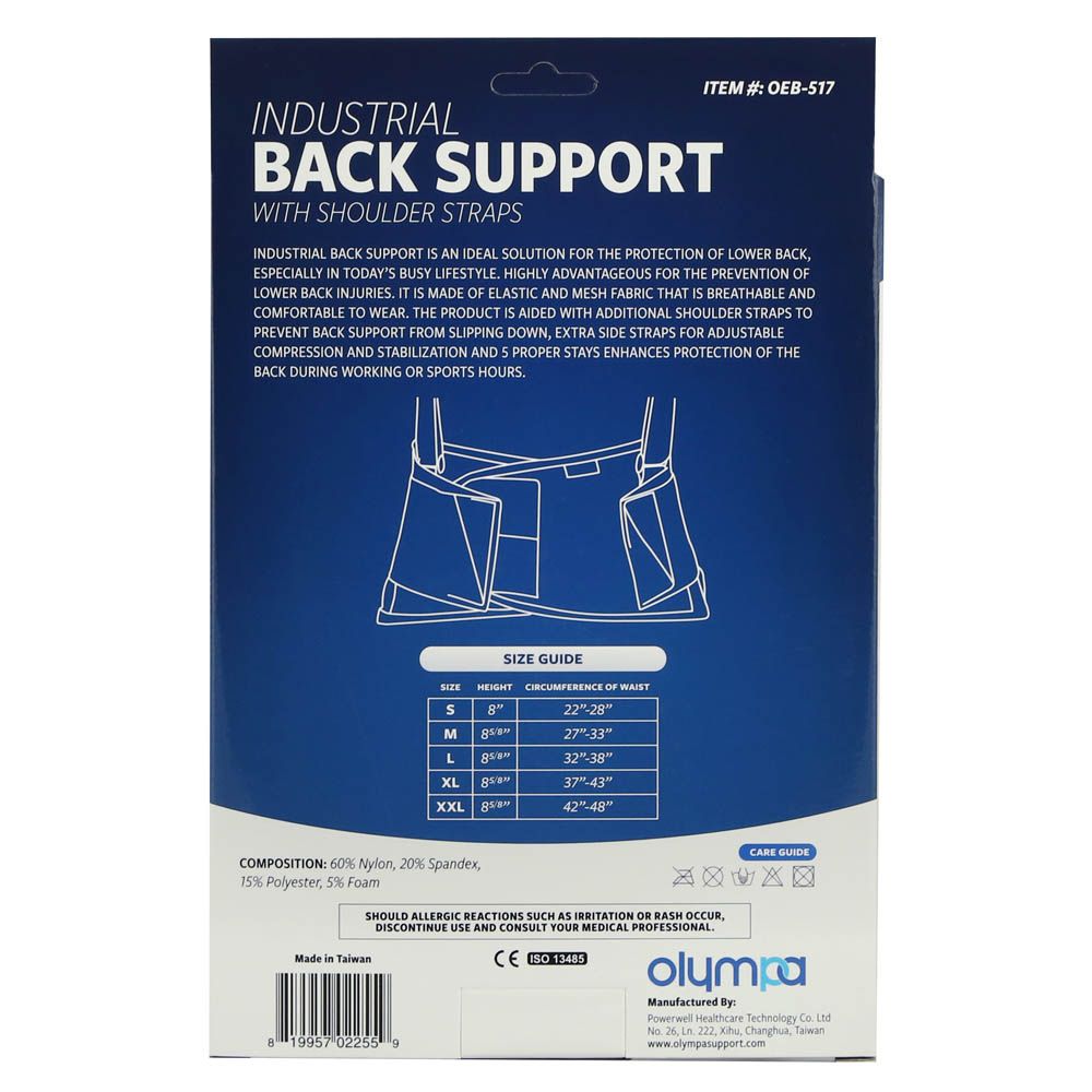Olympa Industrial Back Support with Shoulder Straps Black Extra Extra Large OEB517