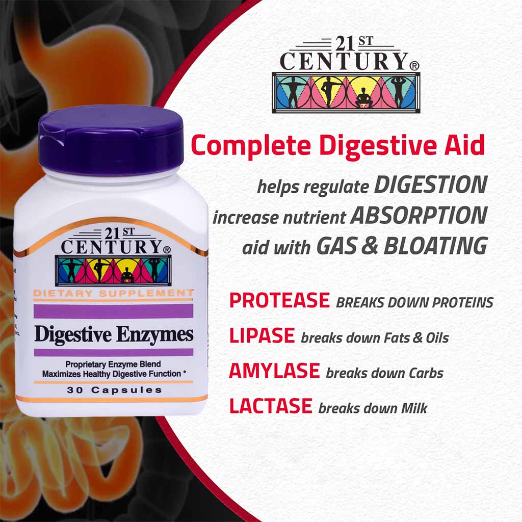 21st Century Digestive Enzymes Capsules For Healthy Digestive Function, Pack of 30's