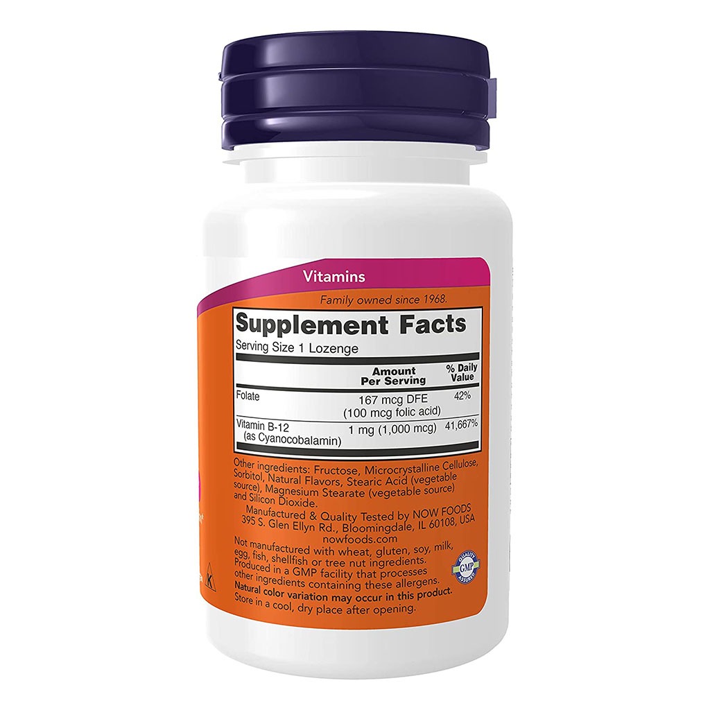 Now B-12 1000 mcg Lozenges With Folic Acid For Energy Production & Healthy Nervous System, Pack of 100's
